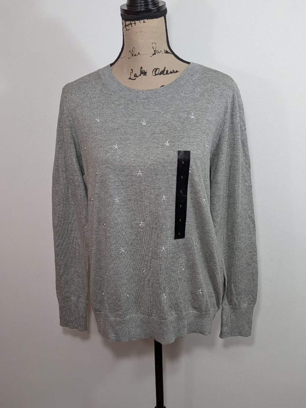 Banana Republic Womens Gray Cotton Sweater Star Accents Long Sleeve Crew Neck L